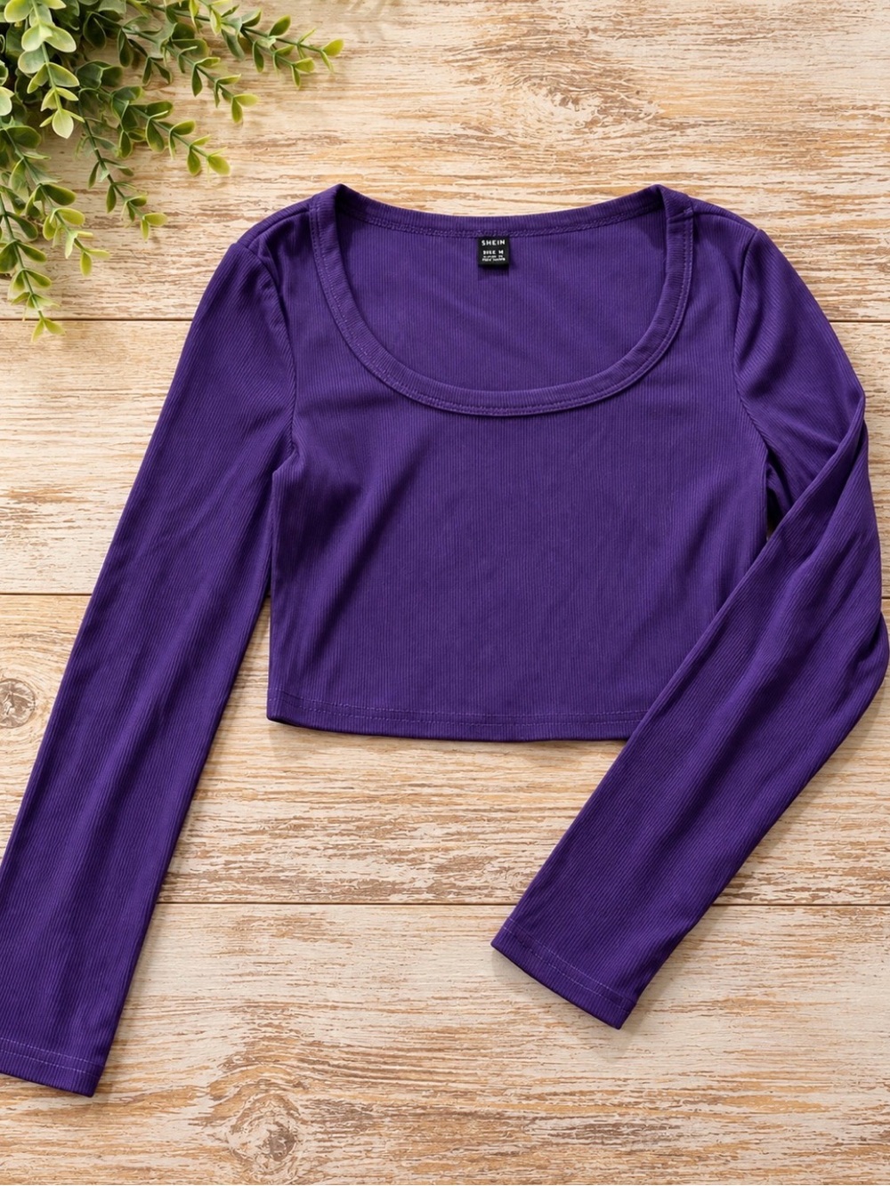 SHEIN Purple Ribbed Scoop Neck Long Sleeve Crop Top